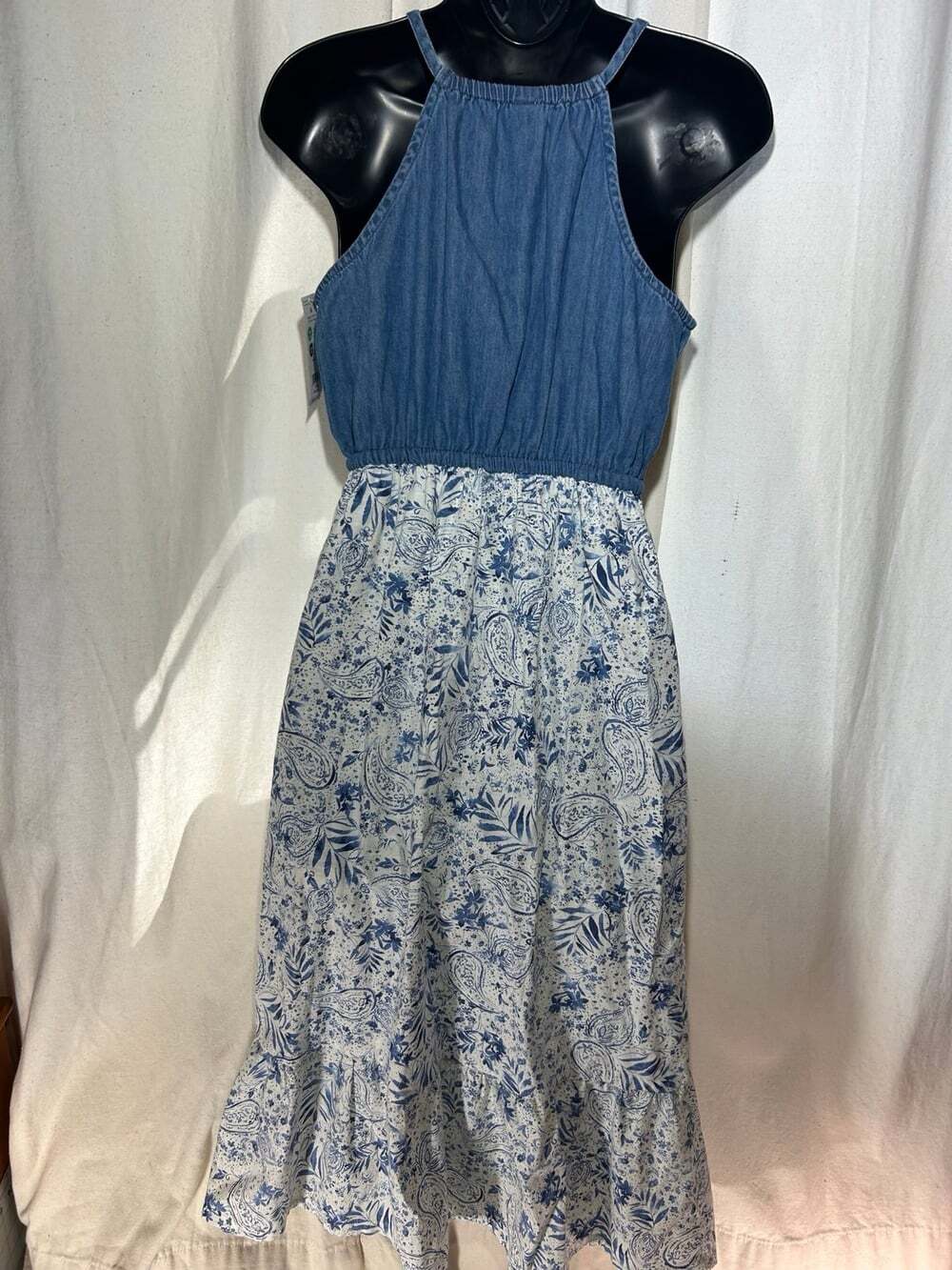 Oshkosh Girls NWT denim spaghetti strap white and blue floral dress size 14 -14A